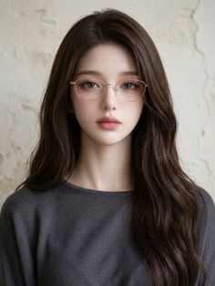 Woman with long brown hair and glasses wearing a gray top