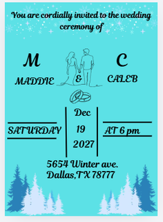 Wedding invitation with a winter theme, featuring pine trees and snowflakes