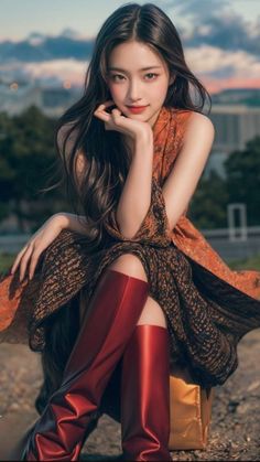 Woman with long hair and red boots sitting outdoors in a patterned dress