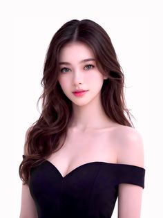 Woman with long brown hair wearing a black off-shoulder dress