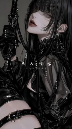 Illustration of a woman with long black hair in gothic fashion and a lip piercing
