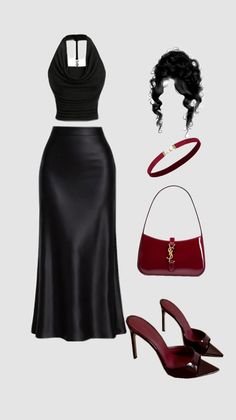 Fashion flat lay with a black top, black skirt, red heels, and red handbag