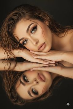 Woman with wet hair and dramatic makeup reflected on a dark surface