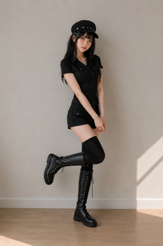 Woman in a black outfit with knee high boots and a hat posing indoors