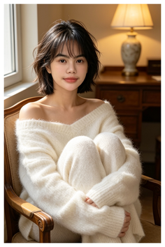 Woman with short hair in a white off-shoulder sweater sitting indoors