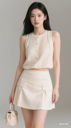 Woman with long black hair in a cream pearl-embellished top and mini skirt holding a handbag