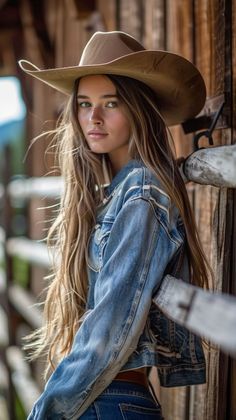 Woman with long hair and a cowboy hat leaning against a wooden fence