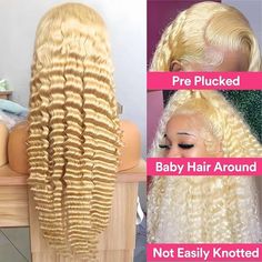 Blonde curly wig on a mannequin head with close-up details of the hairline