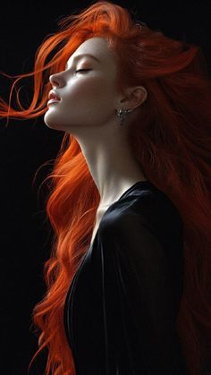 Woman with long red hair and closed eyes against a dark background