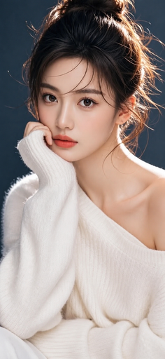 Woman in a white off-the-shoulder sweater with a messy bun