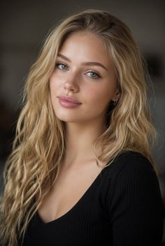 Blonde woman with green eyes and freckles wearing a black top