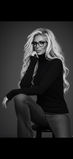 Woman with long blonde hair and glasses wearing a black turtleneck and jeans