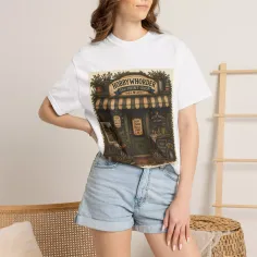 Woman in a white t-shirt with a shop graphic and denim shorts