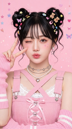 Woman with space buns and colorful hair clips in a pink overall dress