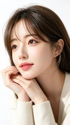 Woman with long brown hair and earrings in a white sweater, looking up