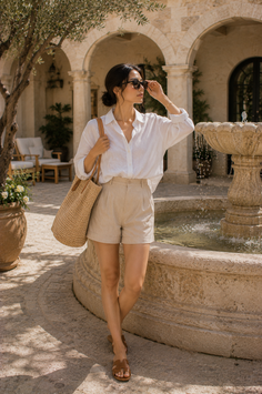 Woman in a white shirt and linen shorts standing by a fountain outdoors
