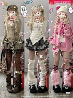 Three women in different Harajuku-style outfits with various accessories