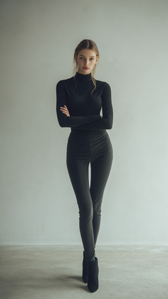 Woman in a black turtleneck and dark pants standing against a plain wall