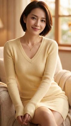 Woman with short hair wearing a yellow v-neck dress, sitting indoors