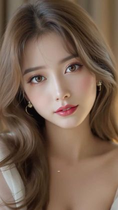 Woman with long brown hair and earrings, looking directly at the viewer