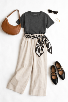 Casual outfit flat lay with wide leg pants, a dark gray t-shirt, and accessories