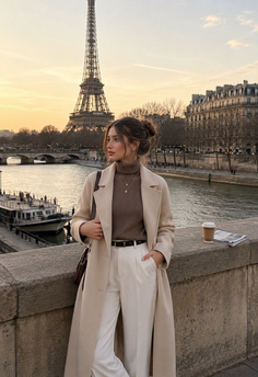 Woman in a long coat and turtleneck by a river with the Eiffel Tower in the background