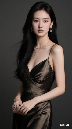 Woman with long dark hair wearing a brown dress and jewelry