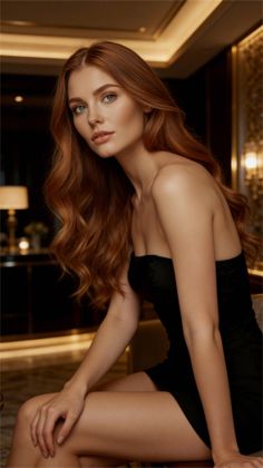 Woman with long red hair in a black strapless dress posing indoors