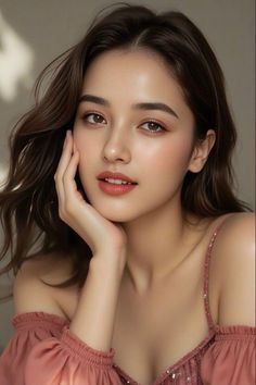 Woman with long brown hair wearing an off-shoulder top, posing with her hand on her face