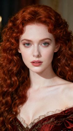 Woman with long red curly hair in a red dress with exposed shoulders and cleavage