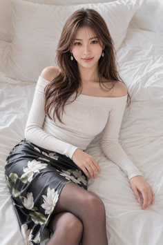 Woman with long hair wearing an off-shoulder top and floral skirt on a bed