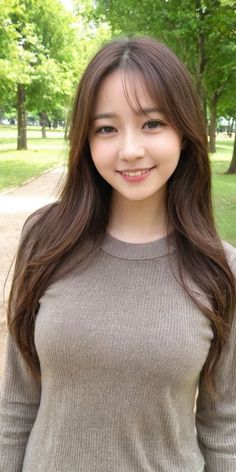 Woman with long brown hair wearing a ribbed sweater in a park