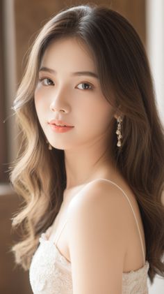 Woman with long wavy hair and earrings wearing a lace top