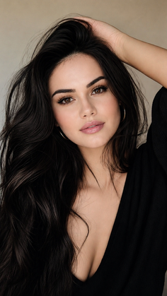 Woman with long black hair and a deep v-neck top, hand in hair
