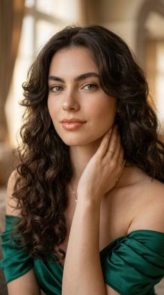 Woman with long curly hair wearing an off-shoulder green dress