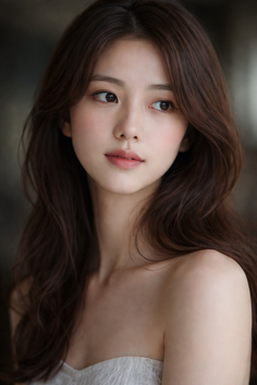 Woman with long brown hair wearing a white top with exposed shoulders