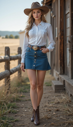 Woman in a cowboy hat and denim skirt standing outdoors