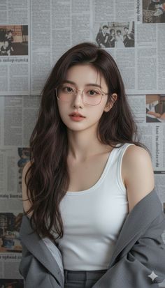 Woman with long hair and glasses wearing a white tank top and gray jacket