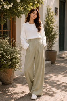 Woman with long hair wearing a white shirt and wide leg pants outdoors