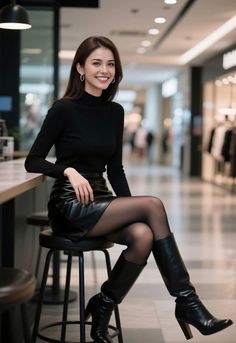 Woman in a black turtleneck and leather skirt sitting on a stool indoors
