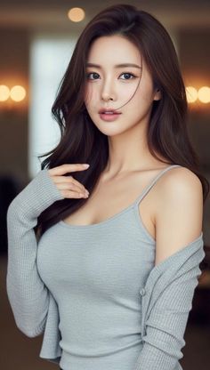 Woman with long dark hair in a gray tank top and cardigan