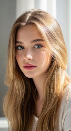 Close-up portrait of a young woman with blonde hair and blue eyes