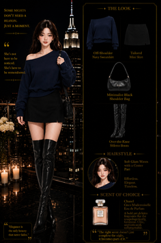 Woman in an off-shoulder top and mini skirt with over-the-knee boots at night
