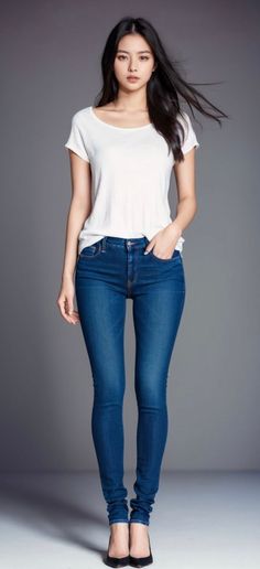 Woman in a white t-shirt and blue jeans posing in a studio