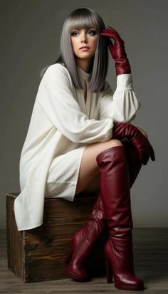 Woman with gray hair, red gloves, and red boots sitting on a wooden box