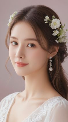 Woman with long brown hair and a flower crown wearing a white dress
