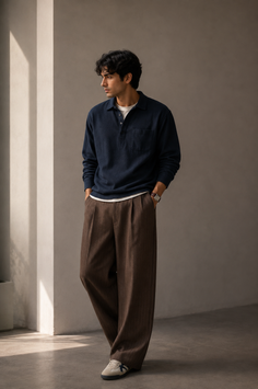 Man in a navy long sleeve polo and brown wide leg pants standing indoors
