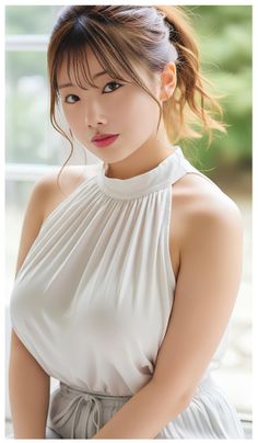 Woman with a ponytail wearing a light-colored halter top and pleated skirt
