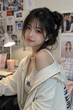 Woman with a messy bun and bangs wearing a white hoodie indoors