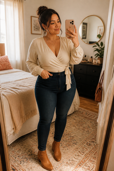 Woman in a wrap top and jeans taking a mirror selfie in a bedroom